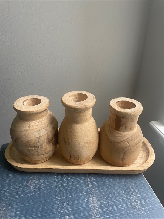 Mud Pie Other - Mud Pie Natural Wood Trio Vases in Light Wood Tones
